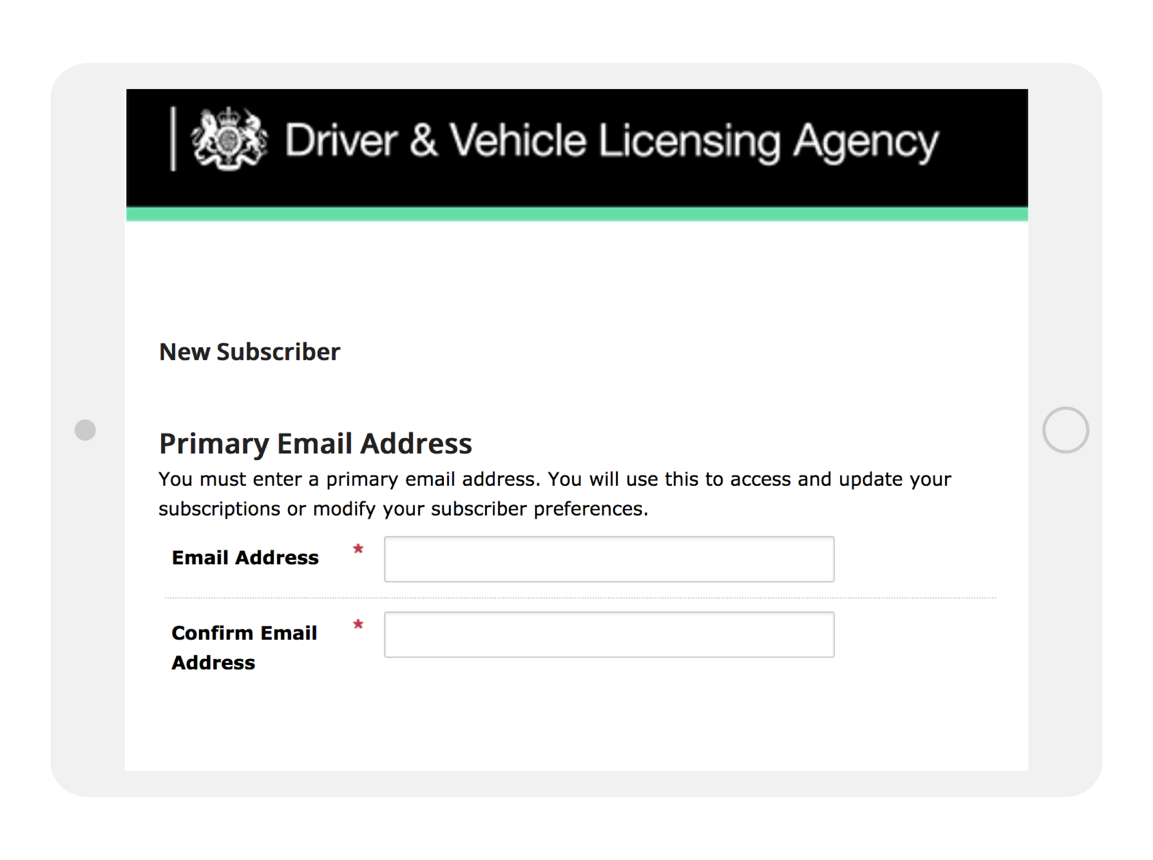 Viewing the GOV UK website subscription management service: page entitled 'New Subscriber Primary Email Address', fill out fields. Click on Submit.